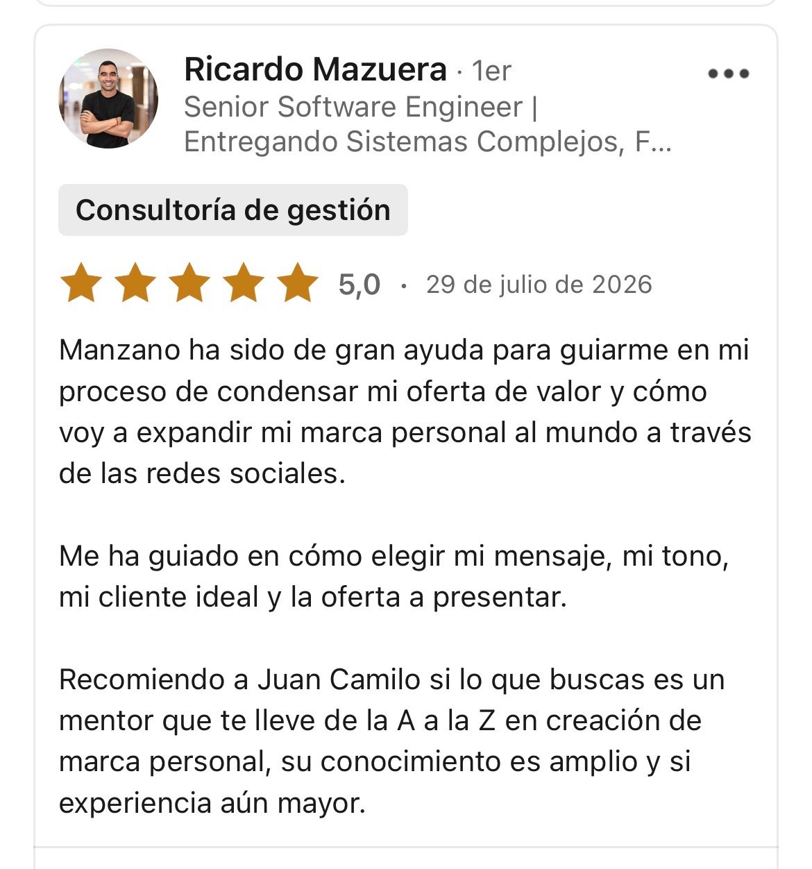 Recomendacion publica de Ricardo Mazuera en LinkedIn